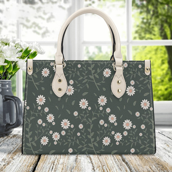 Cottagecore Daisy Flower Pattern PU Leather Handbag, Cottagecore PU Leather Purse, Vegan Leather Luxury Boho Bag, Cute Floral Purse.jpg