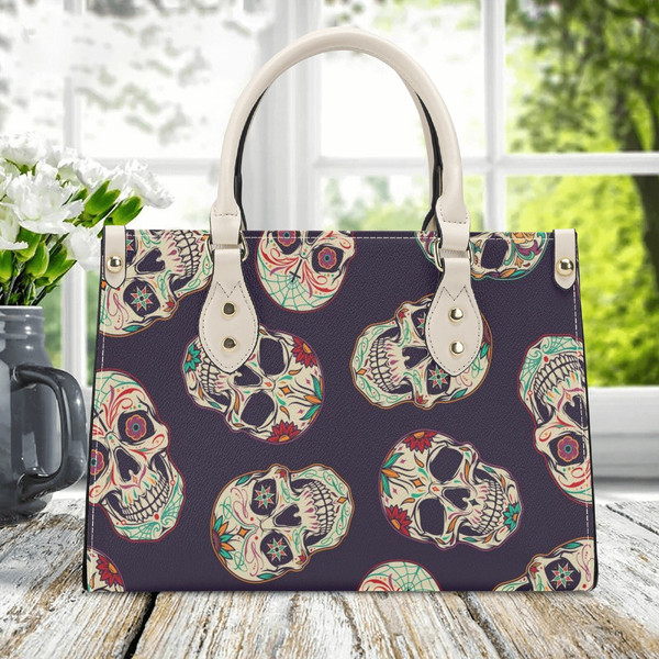 Day of the Dead Skull Pattern PU Leather Handbag, Cottagecore PU Leather Purse, Vegan Leather Luxury Boho Bag, Cute Skull Witch Purse.jpg