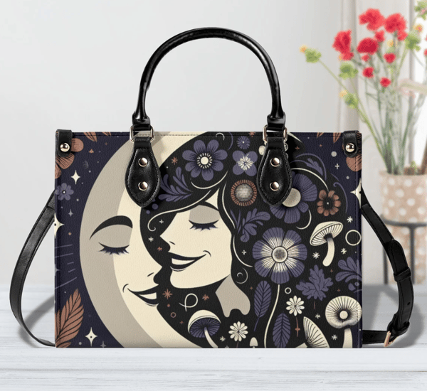 Luxury Women PU Leather Handbag beautiful abstract flower women's face smiling at the cosmic moon cute unique chic stylish.png