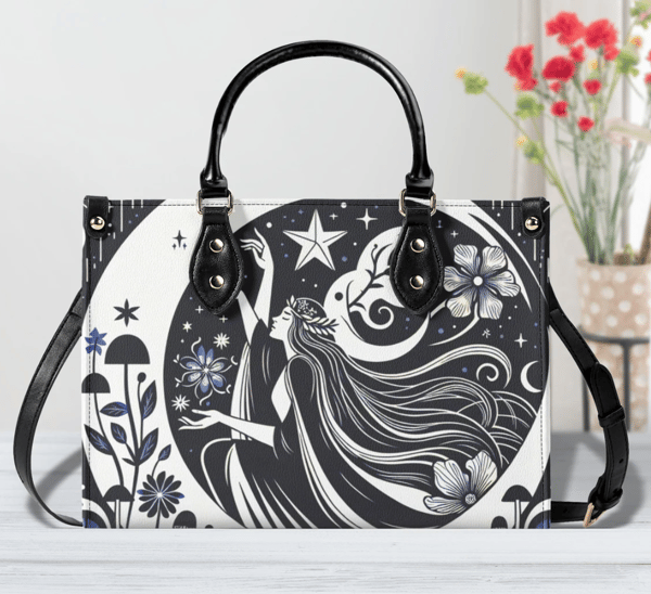 Luxury Women PU leather Handbag tote unique beautiful Art deco design women girl gazing at the moon touching the stars abstract art purse..png