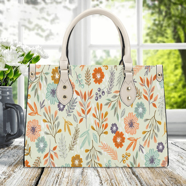 Minimal Colorful Floral Pattern PU Leather Handbag, Cottagecore PU Leather Purse, Vegan Leather Luxury Boho Bag, Cute Flowers Pattern Purse.jpg