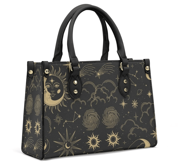 Mystical Celestial Sun and Moon Boho PU Leather Handbag, Cottagecore PU Leather Purse, Vegan Leather Luxury Boho Bag, Cute Witchy Purse.png