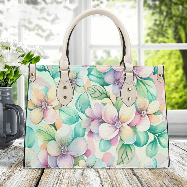Pastel Dreams Flower Handbag. Spring handbag. Vegan Leather handbag. Womans Handbag. Gift for her..jpg