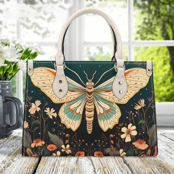 PU Luxury Handbag Butterfly moth cottagecore wildflower floral flower botanical design unique women shoulder bag tote bowler bag purse.jpg
