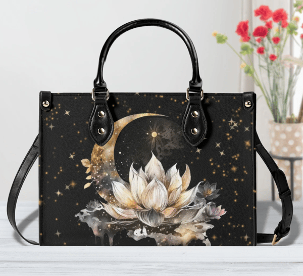 Witchy Lotus Flower and Crescent Moon Faux Leather Purse, Cute women Hand Bag Shoulder Bag, vegan strap, boho gift Cottagecore.png