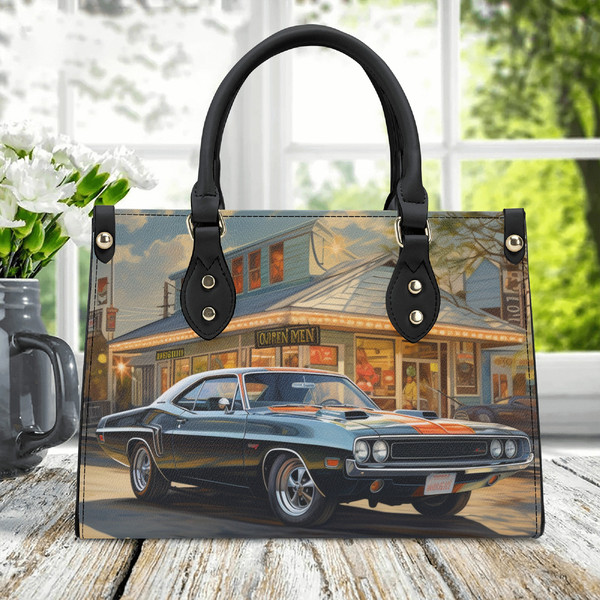 Classic Muscle Car Handbag, Vintage Car Print Purse, Retro Car Purse, Classic Car Handbag, Gift for Car Buff, Vintage Style Handbag.jpg