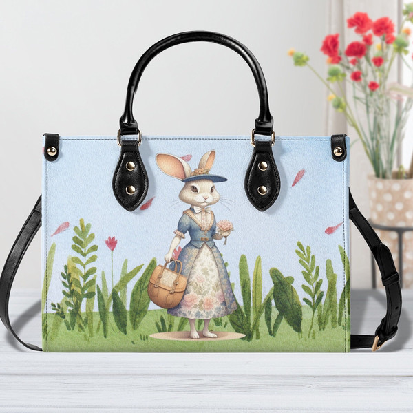 Easter Handbag, Bunny Design Purse, Spring Flower Handbag, Ladies Leather Handbag, Unique Easter Handbag, Bunny and Floral handbag, 1.jpg