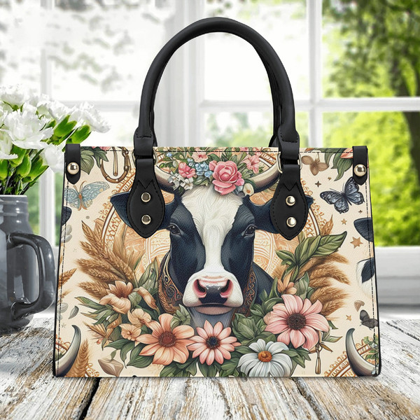 Cow print floral handbag, Gift for Cow Lovers, ladies springsummer leather purse, woman’s crossbody bag, Farm style gift for her..jpg