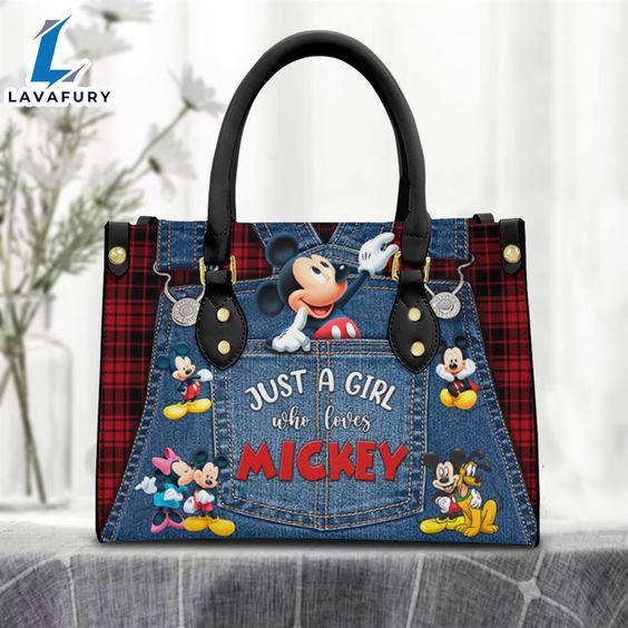 Just A Girl Loves Mickey Mouse Red Gingham Jean Pattern Premium Leather Handbag.jpg