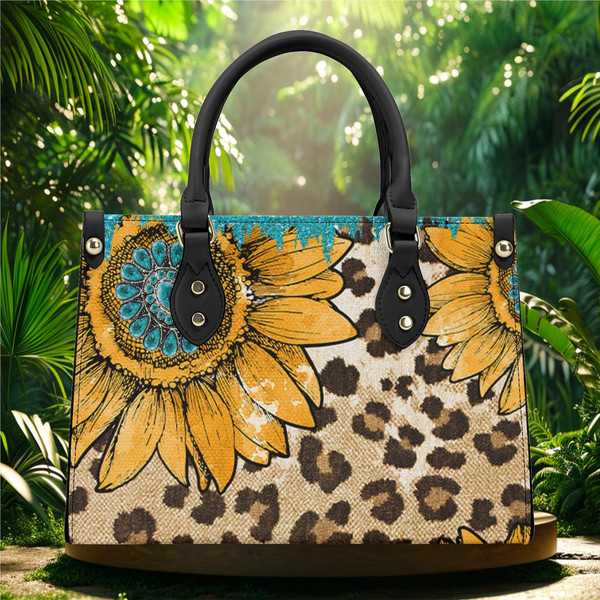 Sunflower Print Handbag, Cheetah Print Handbag, Western Leather Handbag, Ladies Sunflower Handbag, Purse for Mom, Gift for Gardener.jpg