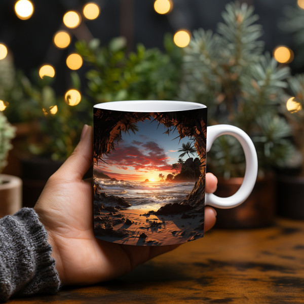 Tropical Beach Sunset through a Cave 3D Landscape Mug Wrap Design - Coastal Sublimation Print PNG 11oz & 15oz Coffee Cups, Instant Download.jpg