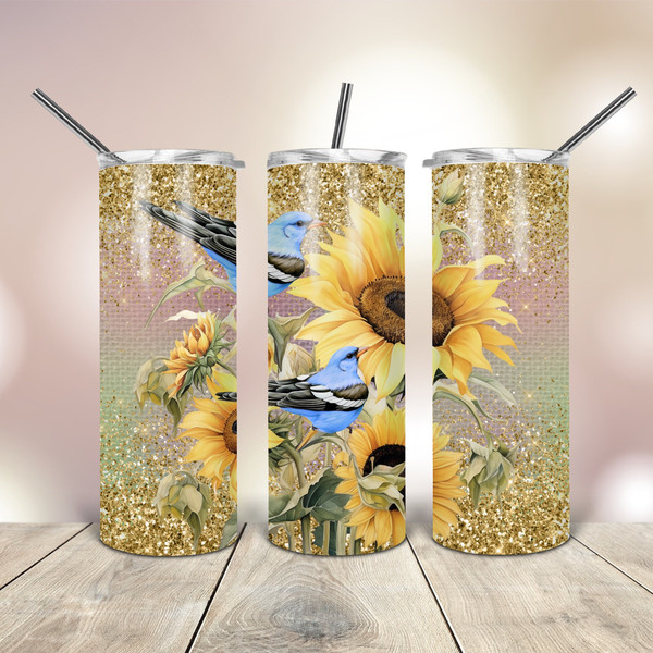 Blue Bird Sunflower Gold Glitter Tumbler Wrap 20 Oz skinny tapered straight template digital download sublimation graphics  instant download.jpg
