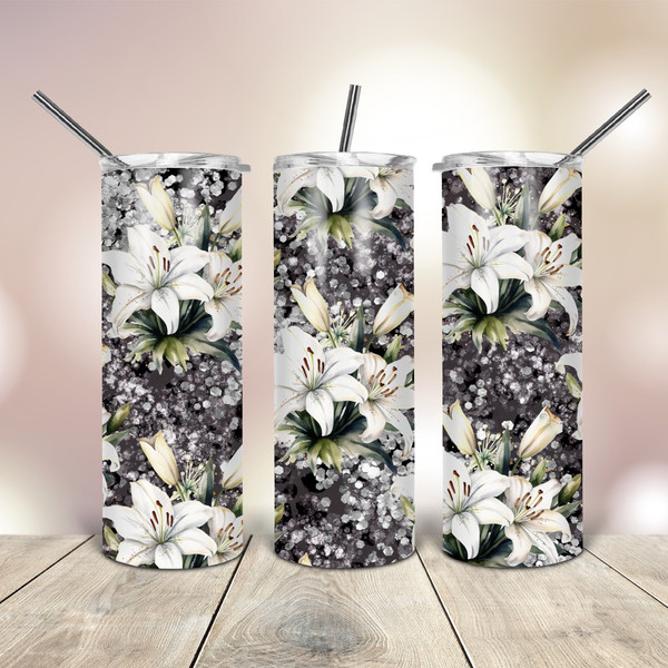 Sparkling White Lilies Tumbler Wrap Design 20 Oz skinny tapered straight template digital download sublimation graphics  instant download.jpg