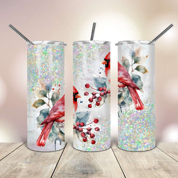 Watercolor Red Cardinal  20 Oz skinny Tumbler Png wrap tapered straight template digital download sublimation graphics  instant download.jpg