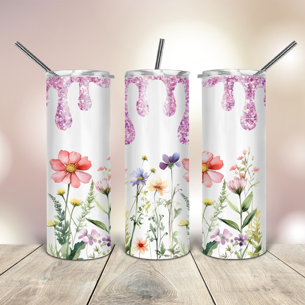 Wild Flower and Pink Glitter 20 Oz skinny Tumbler Png wrap tapered straight template digital download sublimation graphics  instant download.jpg