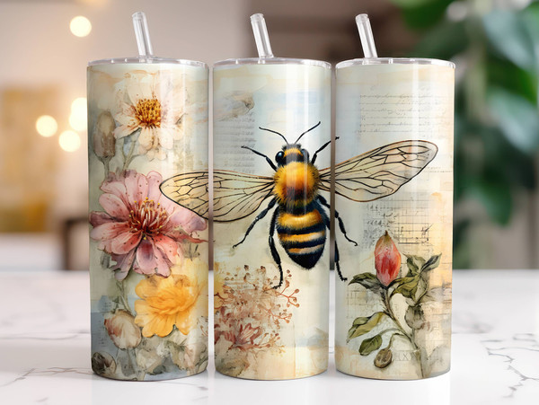 Bee Tumbler Wrap PNG, 20 oz Skinny Tumbler Sublimation Design Digital Download Instant Digital Only, Wildflower Floral Tumbler Design.jpg