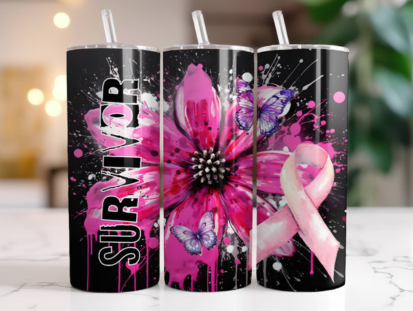 Breast Cancer Awareness Tumbler Wrap PNG, 20 oz Skinny Tumbler Sublimation Design Digital Download Instant Digital Only, Cancer Survivor.jpg