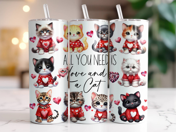 Cat Valentine Tumbler Wrap PNG, 20 oz Skinny Tumbler Sublimation Design Instant Digital Download Only, Cute Kitten Tumbler Wrap.jpg