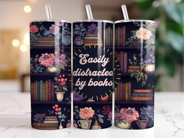 Easily Distracted By Books Tumbler PNG, Sublimation Digital Download, 20oz Skinny Tumbler Seamless Design, Instant Digital Download Only.jpg