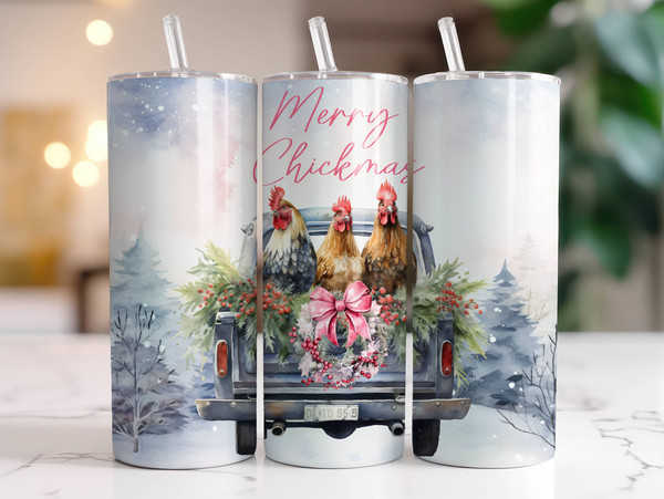 Merry Chickmas Tumbler Wrap PNG, 20 oz Skinny Tumbler Sublimation Design Instant Digital Download Only, Christmas Chicken Tumbler Design.jpg