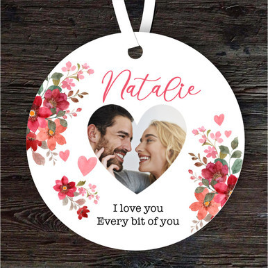 Floral Heart Photo Romantic Gift Round Personalised Hanging Ornament.jpg