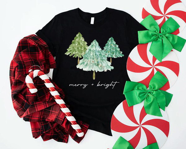 Merry and Bright Trees, Women's Christmas Shirt, Christmas Tees T-Shirt, Womens Holiday Outfits, Xmas Trees Shirt, Merry Christmas Gift.jpg