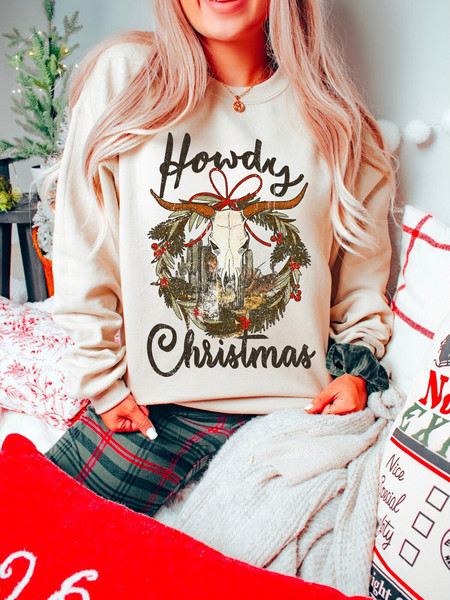 Western Christmas Sweatshirt Howdy Christmas Cow Skull Longhorn Country Christmas Shirt Festive Sweatshirt Gift for Christmas Crewneck.jpg