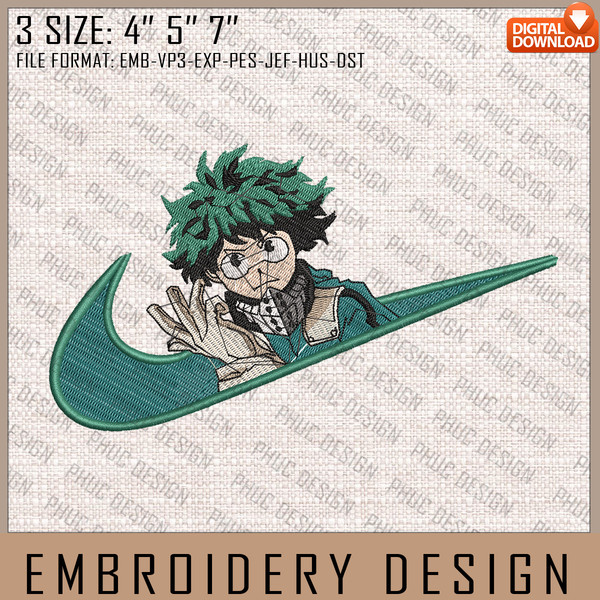 Midoriya Nike Embroidery Files, Nike Embroidery, My Hero Academia, Anime Inspired Embroidery Design.jpg