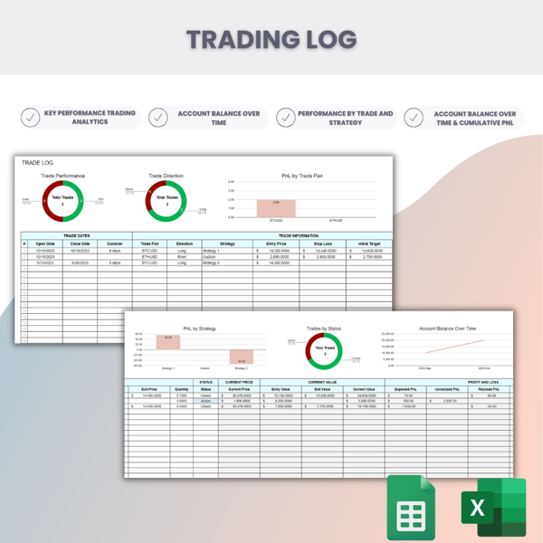 Trading Journals Crypto And Stocks in Google Sheets and Excel Template