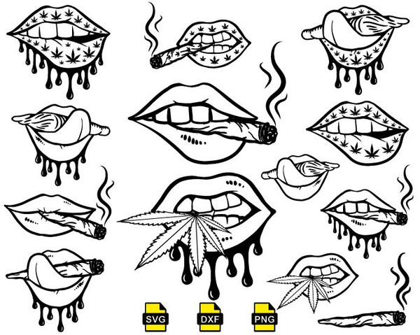 Lips Bitting Weed Leaf Silhouette Svg, Smoking Lips SVG, Smoking Joint Svg