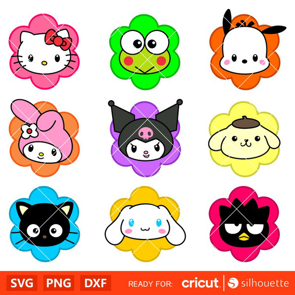 Flower Sanrio Characters Bundle Svg, Sanrio Svg, Hello Kitty Svg, Kawaii Svg, Cricut, Silhouette Vector Cut File.jpg