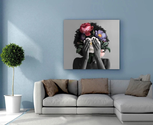 African American Woman With Flowers Poster, Flowers Gallery Wrap, Canvas print- African American art, Free Shipping, Large Oversize Canvas.jpg