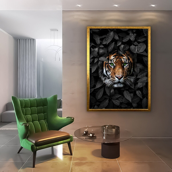 leopard canvas, tiger canvas, leopard painting among leaves, leopard portrait wall art, animal decor in tree.jpg