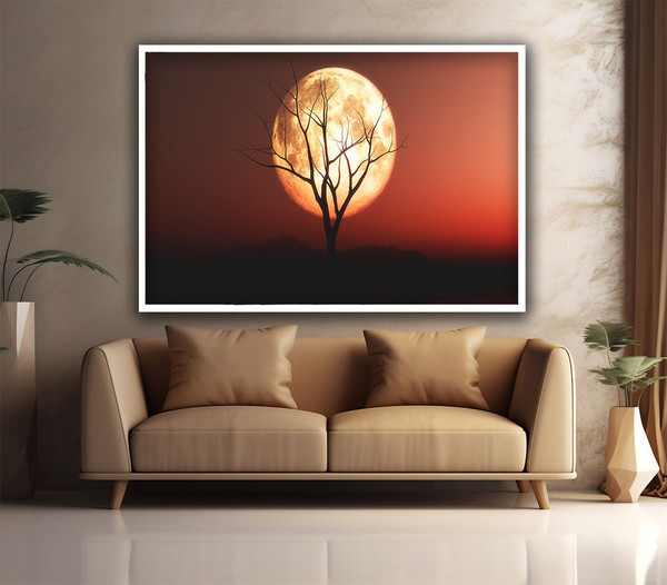 Sunset landscape canvas, moon landscape art, tree and moon landscape decor, sunset landscape poster.jpg