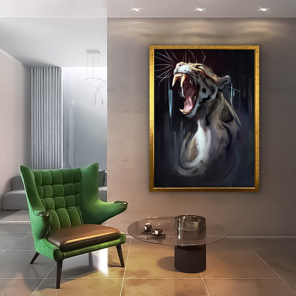 Wild tiger canvas, black and white lion painting, leopard canvas print, framed animal decor, roaring lion painting.jpg