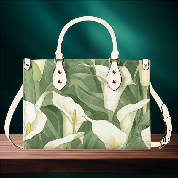 Luxury Women PU Leather Handbag shoulder bag tote Lilly flower Floral botanical design abstract art purse Gift Mom spring summer purse.jpg