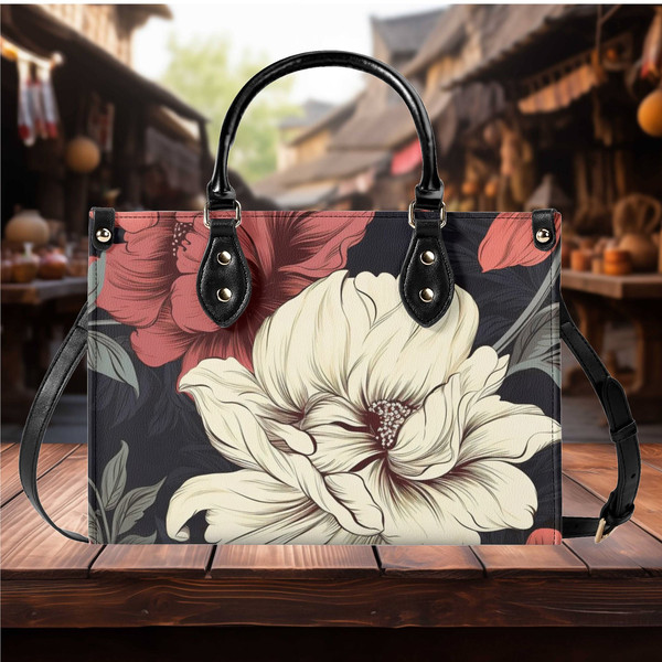 Luxury Women PU Leather Handbag shoulder bag tote rose flower Floral botanical design abstract art purse Gift Mom spring summer purse.jpg