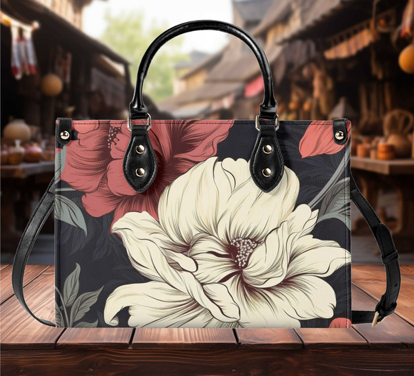 Luxury Women PU Leather Handbag shoulder bag tote rose flower Floral botanical design abstract art purse Gift Mom spring summer purse.jpg