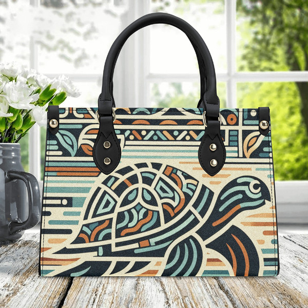 Luxury Women PU leather Handbag tote unique beautiful Art deco turtle design abstract art colors purse spring colors  Make a nice gift.jpg