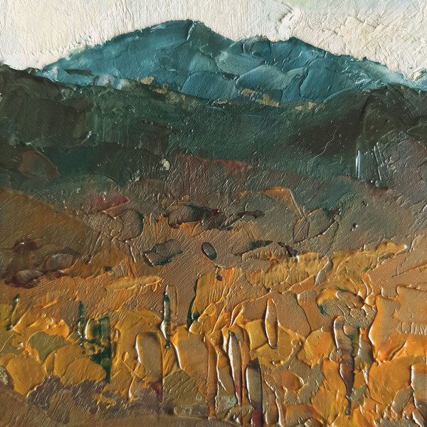 The distant hills invite the viewer to explore and discover new horizons. Fragment of a close-up Vineyard artwork.