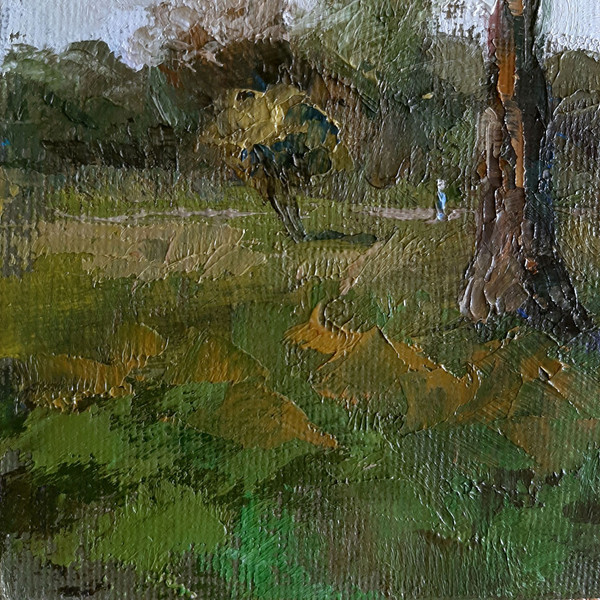 Fragment of a close-up Oil artwork. Meadow with young grass is surrounded by low Hills, creating a sense of tranquility.