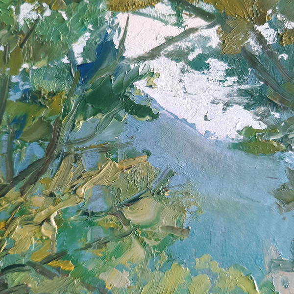 The clear sky visible through the trees gives hope and peace. Fragment of a close-up Original Trees Painting.