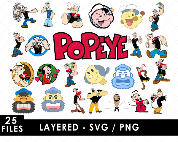 Popeye Svg Files, Popeye Png Files, Vector Png Images, SVG Cut File for Cricut, Clipart Bundle Pack