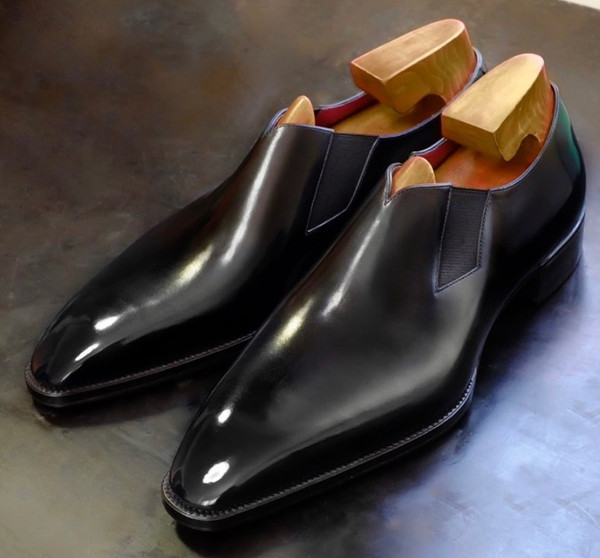 Men's Handmade Black Patina Leather One Piece  Dress Shoes.jpg