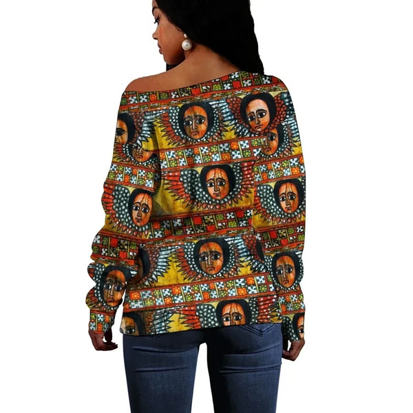 Ethiopia Debre Birhan Selassie Church Pattern Women's Off Shoulder, African Women Off Shoulder For Women