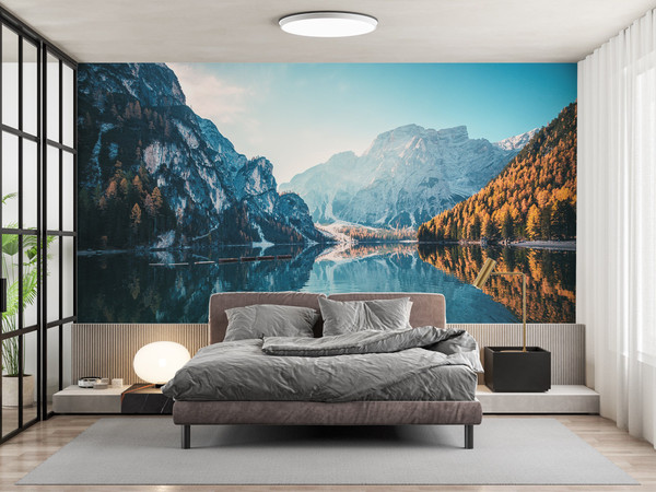 Mountain View Wall Paper, Landscape Wallpaper, View Wall Poster, 3D Paper, Contact Paper, Boats on the Braies Lake in Dolomites Mountains,.jpg