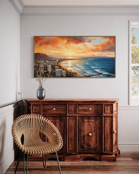 Waikiki Coast At Sunrise Panoramic Painting, Honolulu Oahu Beach Canvas Print,  Hawaii Wall Art Framed Ready To Hang.jpg