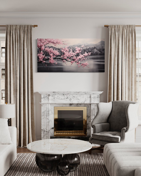 Pink Cherry Blossom on Black Abstract Landscape Painting Canvas Print, Japanese Sakura Wall Art, Pink Accent Decor Ready To Hang.jpg