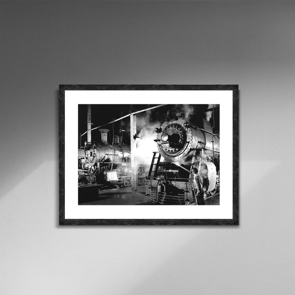 J H Pope Washes Locomotive 104, Bristol Roundhouse, Virginia, Train Photo Poster Framed Canvas, Black White photo, Canvas Wall Art.jpg
