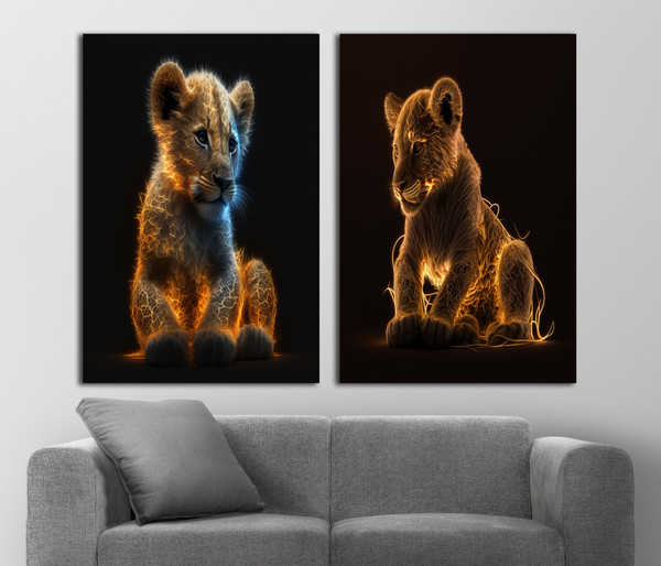 Neon Lighted Baby Lions Canvas Painting, Wildlife Wall Art, Bright Lion Canvas, Set of 2, Light Effect Canvas, Color Canvas Art.jpg